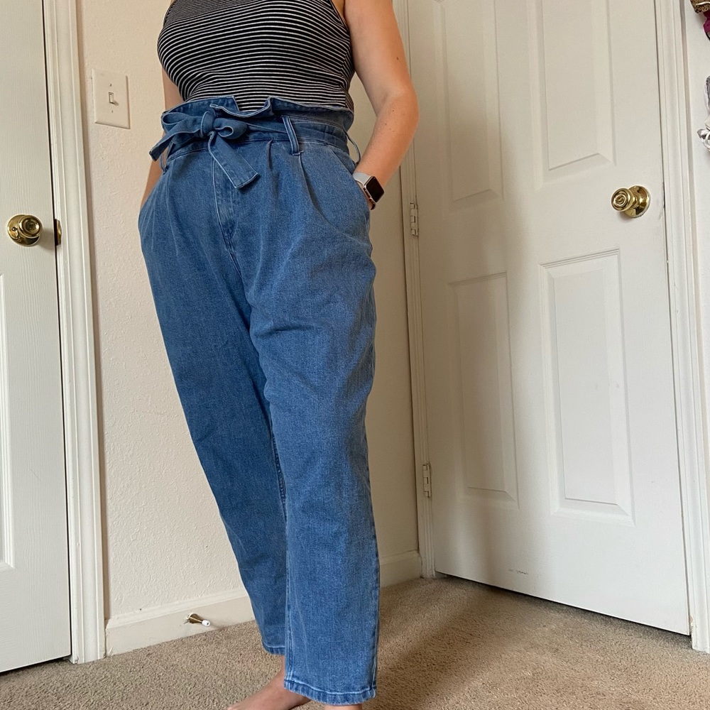 High Waist Paperbag Jeans Medium Wash 14